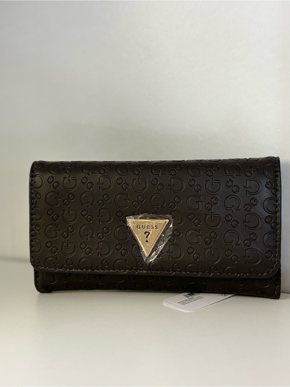 GUESS Dark Brown Embossed Logo Continental Wallet with Metal Logo